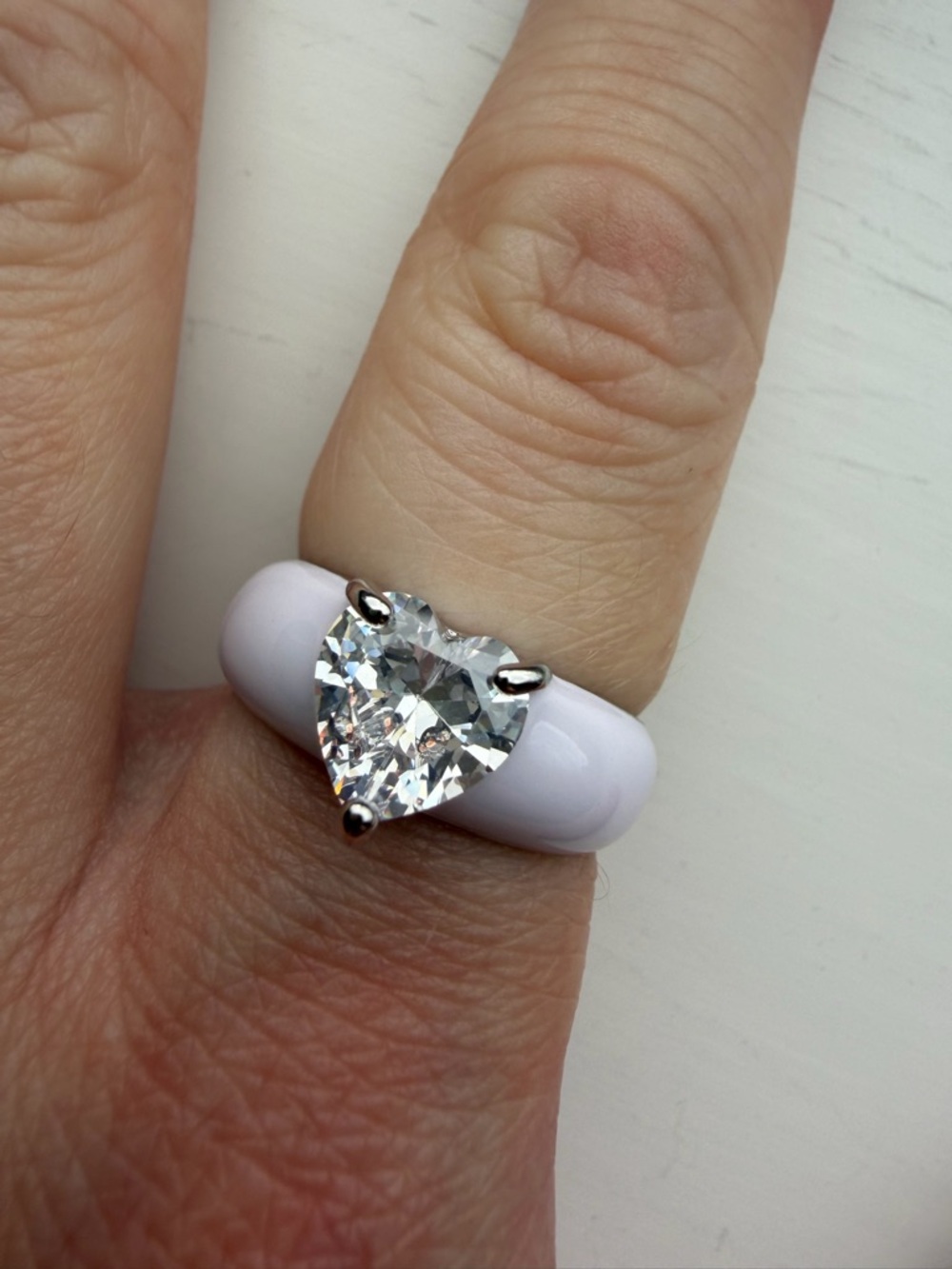 Pale Lavender Enamel & Silver-Tone Heart Crystal Cocktail Ring - Size 7
